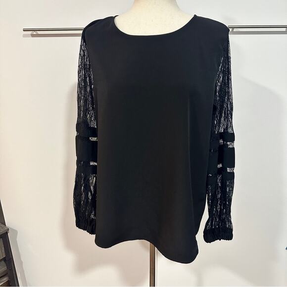 Calvin Klein Size L Black Lace Sleeve Elegant Blouse Top Classic Formal Neutral - Picture 2 of 12